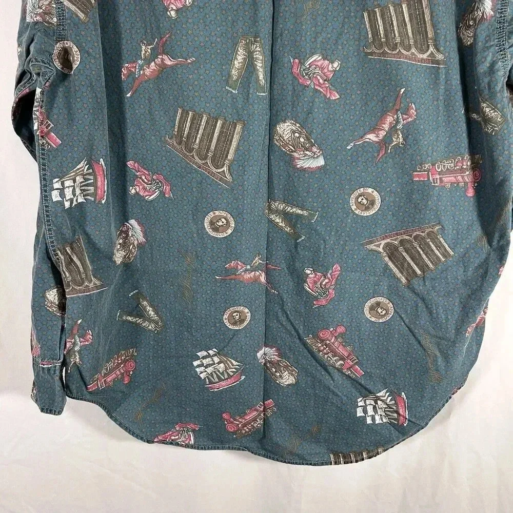 Levis Western Shirt Men's Large Button Up Long Sleeve Green Graphic Print Cotton